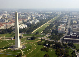 ARLINGTON, VA - SEPTEMBER 26: Aerial photo of the Washington Memorial with the Capitol in the background in Washington D.C. on September 26, 2003. (Photo by Andy Dunaway/USAF via Getty Images)